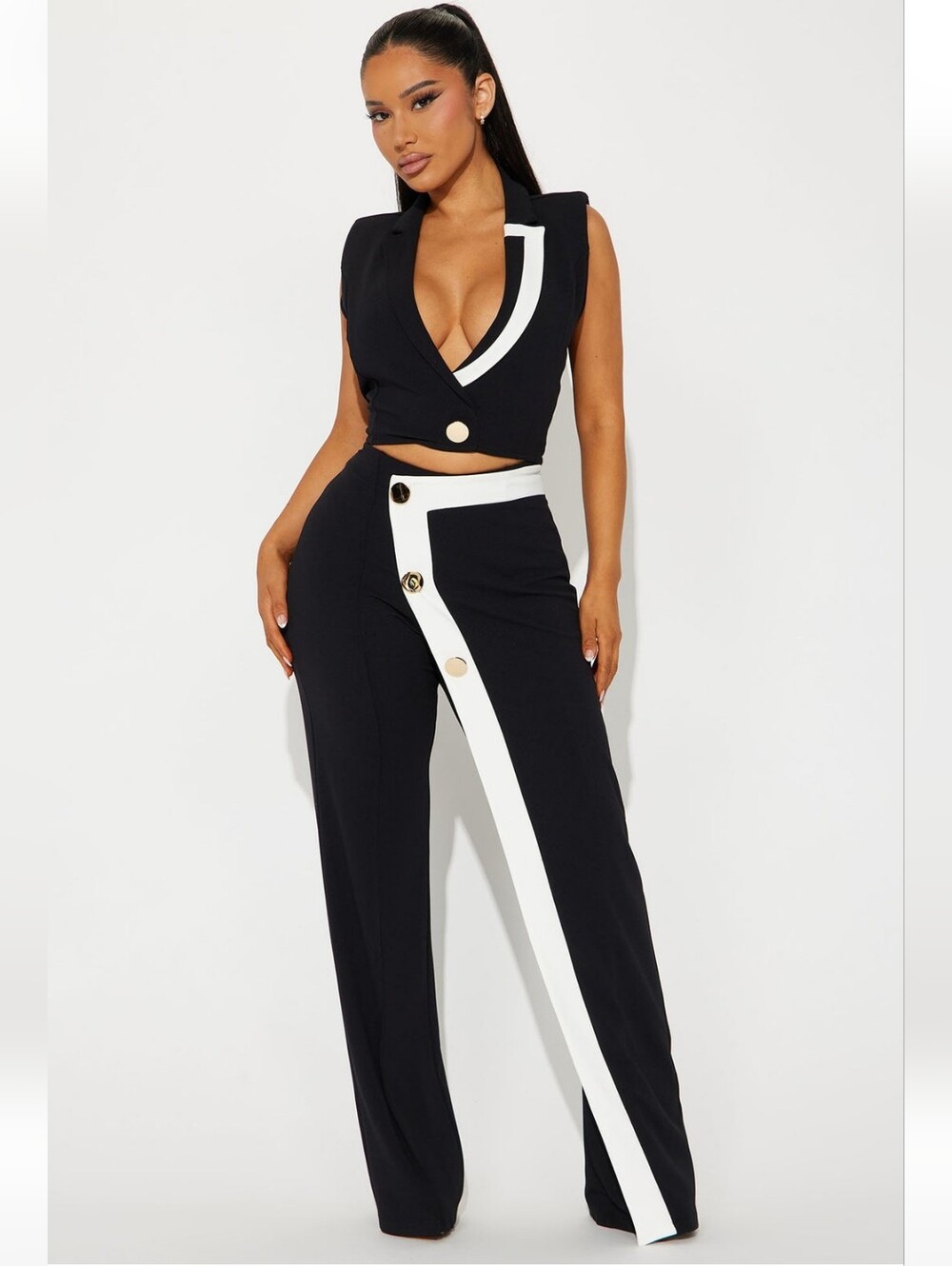 Two-Piece Cropped Vest & High-Waist Pants with White Trim